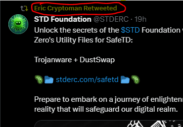 KingTakesOff's tweet photo. Looks like @EricCryptoman just retweeted @STDERC. Just yesterday I spoke about the $STD team and how many connections they have. Yet you're only focused on market cap. Fade if you want to, anon. https://t.co/HsS8avHh3J