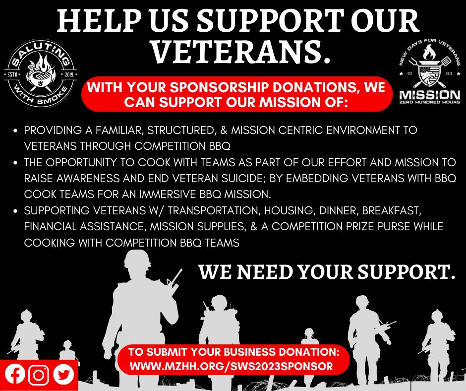 Help us meet our mission to provide Veterans with a new unit this fall at our #SalutingwithSmoke event! We need sponsors, and that sponsor could be you. 

To submit your business sponsorship: mzhh.org/sws2023sponsor/

#chicago #sponsors #donations #army #bbq #competion