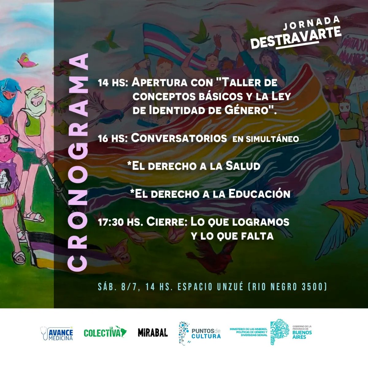 CuneG's tweet photo. Este sábado 8 de Julio en el Unzué:

Jornada #Destravarte

@Mirabalmdp 
@DescamisadosMdp https://t.co/4bDz9I7MKR
