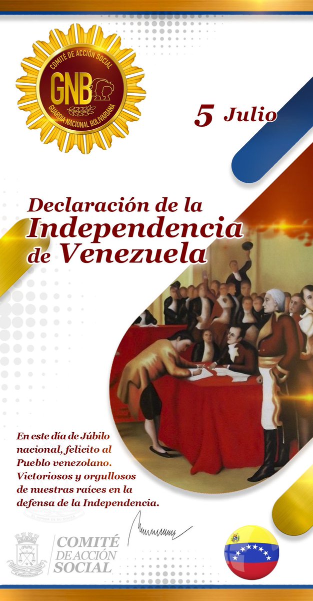 Desde el Comité de Acción Social de la Guardia Nacional Bolivariana, con gran orgullo patrio, conmemoramos 212 años de la Declaración de la Independencia de Venezuela. Legado inquebrantable de soberanía, dignidad y libertad de nuestra patria.

#IndependenciaDeLaPatria