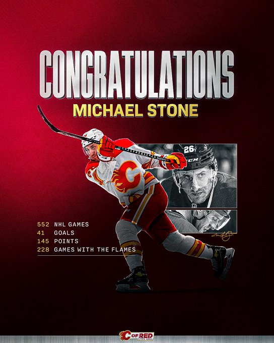 Congratulations Michael Stone graphic with images of him and his stats: 552 NHL games, 41 goals, 145 points, 228 games with the Flames
