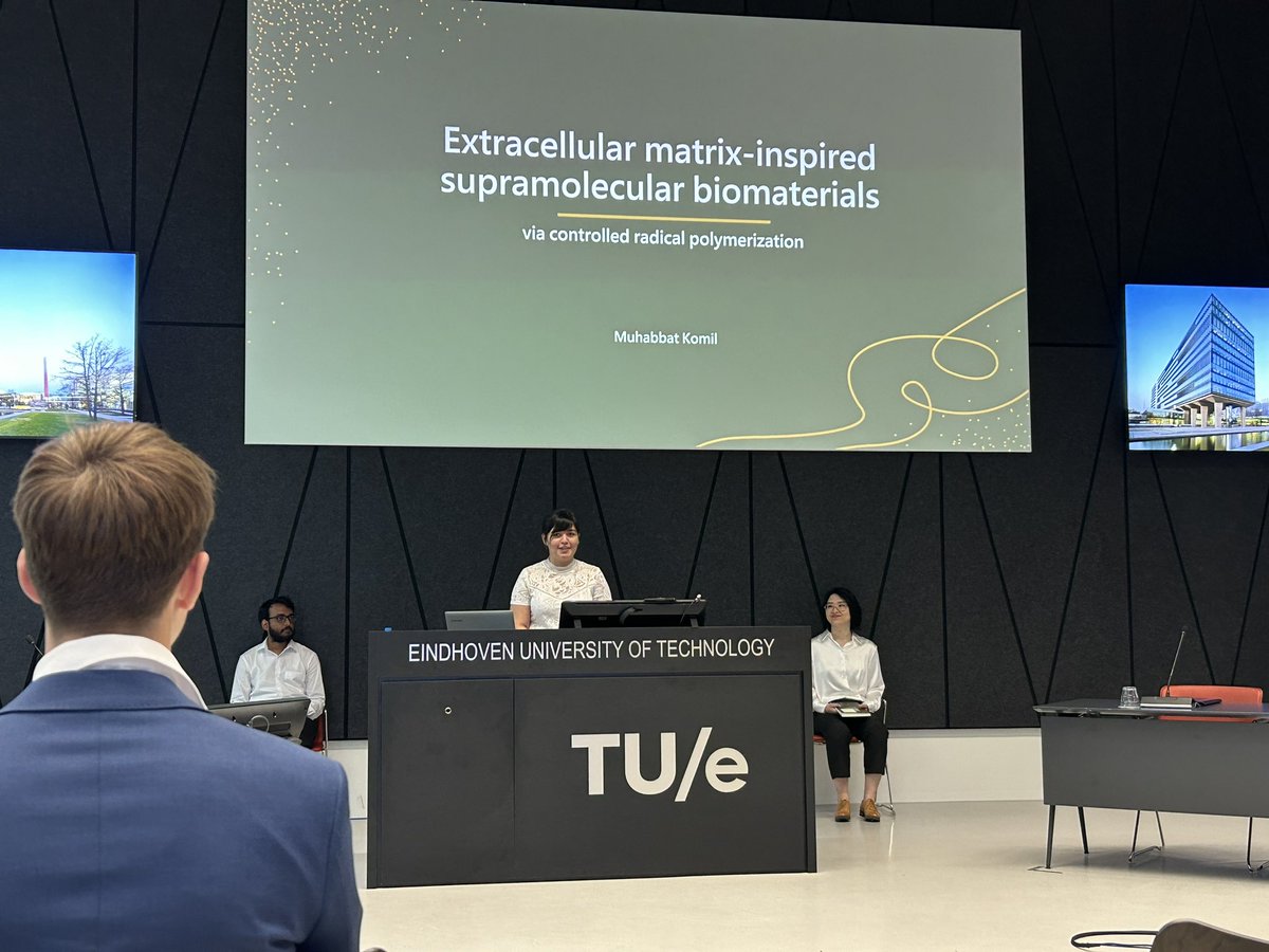 Our groupmember Muhabbat Komil  defended her PhD dissertation about 'Extracellular matrix-inspired supramolecular biomaterials' successfully! 

We are very proud of you, Muhabbat! 

@TUeindhoven 

#polymer #chemistry #phd
