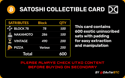 DAnTerBTC's tweet photo. Introducing "Satoshi Collectible Cards"
100 Recursive inscriptions as a carrier of uninscribed  exotic sats. 
With this card you can easily inscribe by your own with @unisat_wallet  and @satingio or just keep sats as a collectibles .

Read thread for more details:⬇️⬇️⬇️ https://t.co/C79rfWYUxO