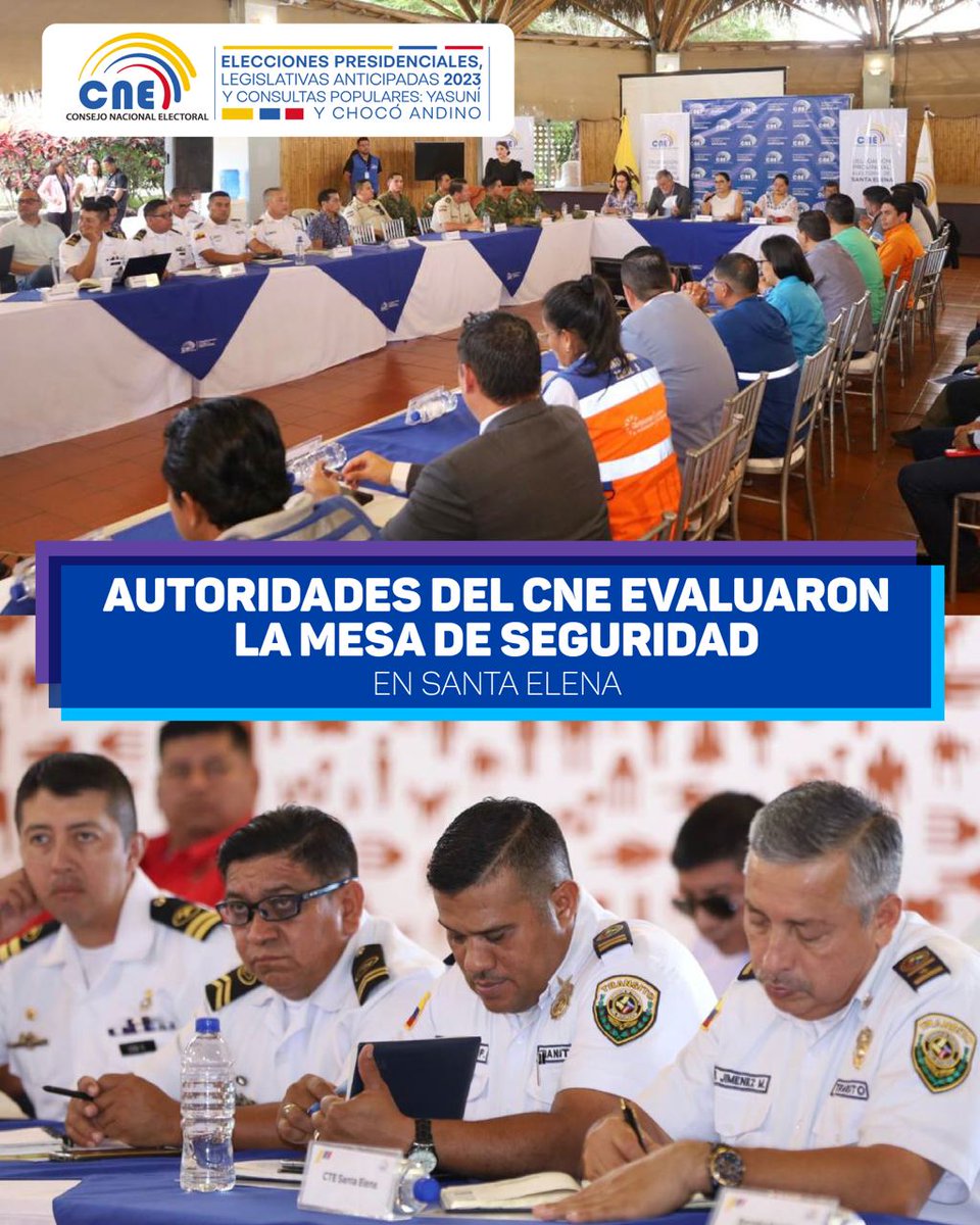 CNEManabi's tweet photo. #Boletín📝

Autoridades del @cnegobec evaluaron la mesa de #SeguridadElectoralEc en #SantaElena. 

Detalles ➡️ https://t.co/8gJZAjoS1x https://t.co/3ZjpWuHOGy