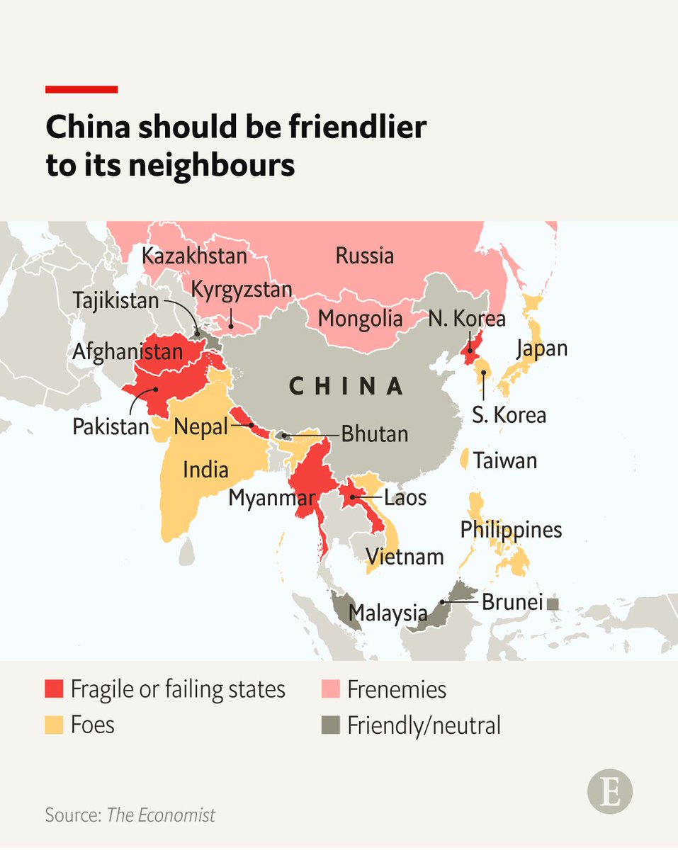 No country has more neighbours than China, with 14 land borders. They are a difficult group to get along with under any circumstances, but China’s flawed diplomacy is making the task even harder. Read why: econ.st/46BsoPl