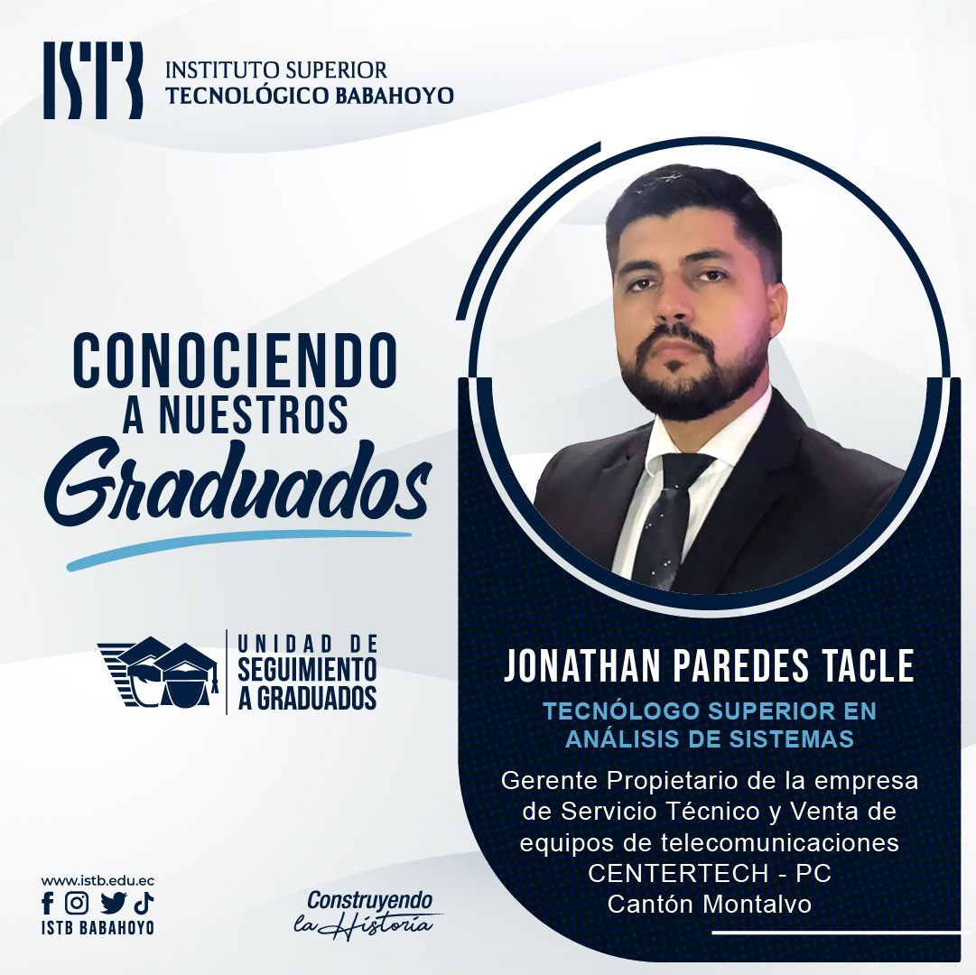 istb_edu's tweet photo. #SeguimientoAGraduadosISTB
Segmento: conociendo a nuestros graduados. 
Hoy les presentamos a nuestro graduado Jonathan Paredes, Tecnólogo en Análisis de Sistemas. 
Jonathan es Gerente Propietario de CENTERTECH PC. 
Un ejemplo de la constancia y superación de nuestros graduados. https://t.co/KbjcIOwO93