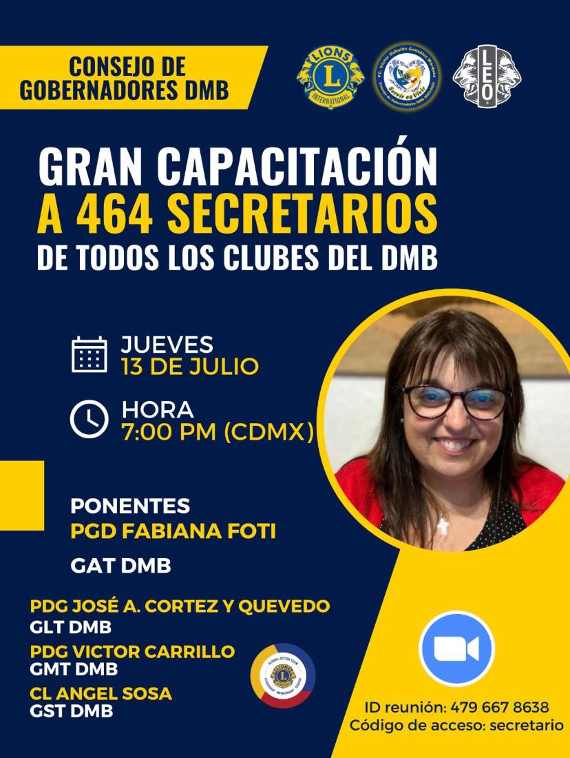 B8Distrito's tweet photo. Distrito Múltiple B México PDGGLT-DMB José A. Cortez y Quevedo le está invitando a una reunión de Zoom programada.
Tema: Capacitación del Distrito Multíple B para secretarios de Clubes
Hora: 13 jul 2023 07:00 p. m. Ciudad de México
ID de reunión: 479 667 8638
Código: secretario https://t.co/8HR53t8lTS