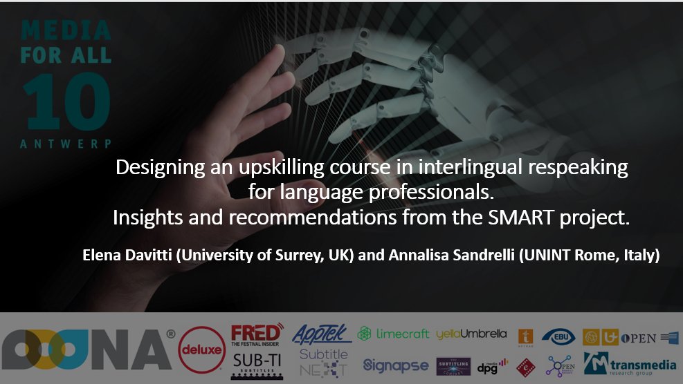 Ready for #Media4All10 - <a href="/SMARTatSurrey/">SMART</a> will be sharing some findings on #upskilling of language professional in a complex cognitive practice like #interlingualrespeaking. A needed reflection for this new form of human-AI interaction. <a href="/ElenaDav/">Elena Davitti</a> #livesubtitling #accessibility