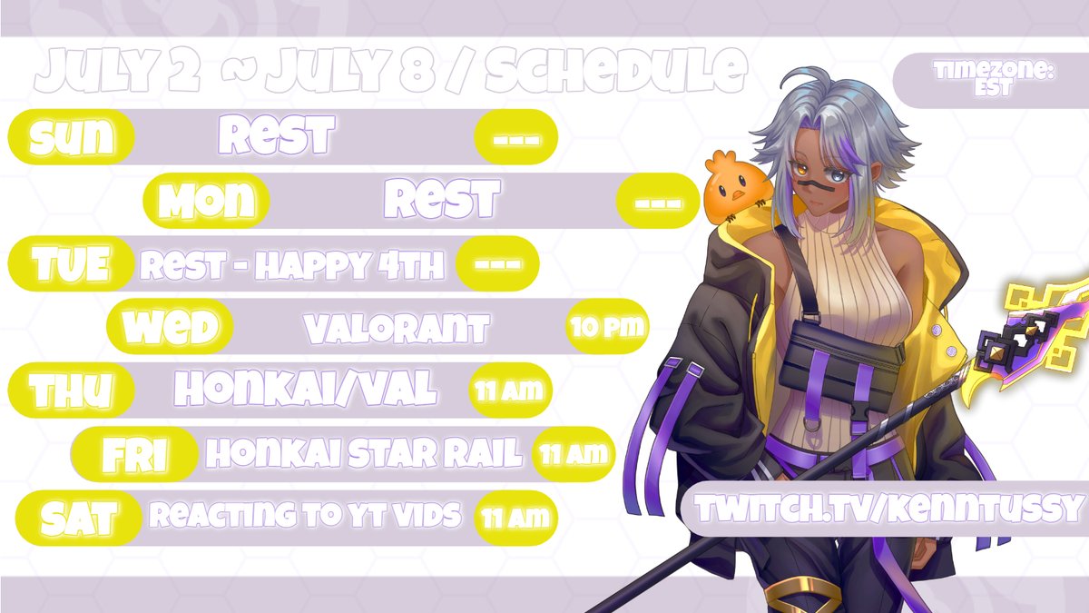 KenntussyVT's tweet photo. YUHHH IM BACK WITH A NEW SCHEDULE (yes, im a lil late but it's okay) we're also gonna ignore that i didnt do last week's schedule at all 🤠 
~
#TussyLive #Vtubers #VtuberEN #VtuverUprising #VtuberSupportChain https://t.co/wDAvEVlkxF
