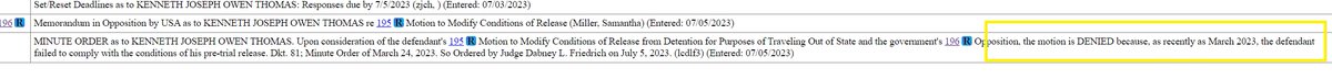 MacFarlaneNews's tweet photo. ALERT:  DC federal judge REJECTS request by convicted Jan 6 defendant Kenneth Thomas to travel to Jan 6-supporter "conference" in Rogersville, Missouri this weekend

Court: "As recently as March 2023, the defendant failed to comply with the conditions of his pre-trial release" https://t.co/0q8p3PPiCn