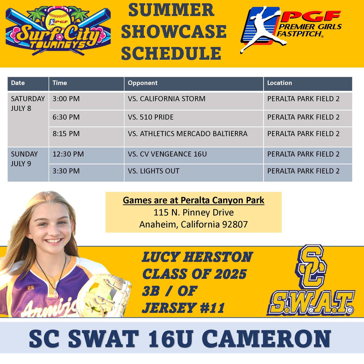 LucyHerston2025's tweet photo. Iโm headed back to SoCal this weekend for the PGF SURF CITY ๐โโ๏ธ๐โโ๏ธ SUMMER SHOWCASE. Hereโs my schedule! Cowabunga! @PGFnetwork #scswat #classof2025 ๐ฅ๐ฅ https://t.co/hOMPy3tZ13