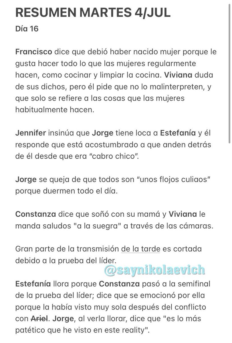 saynikolaevich's tweet photo. RESUMEN MARTES 4 DE JULIO // Lo subo tarde pero al menos está aquí para formar parte de la colección. Espero que a más de alguno le sirva para no quedar colgado. #GranHermanoChile #GranHermanoCHV #ResumenGH #GHChile https://t.co/GDcisVYsQT