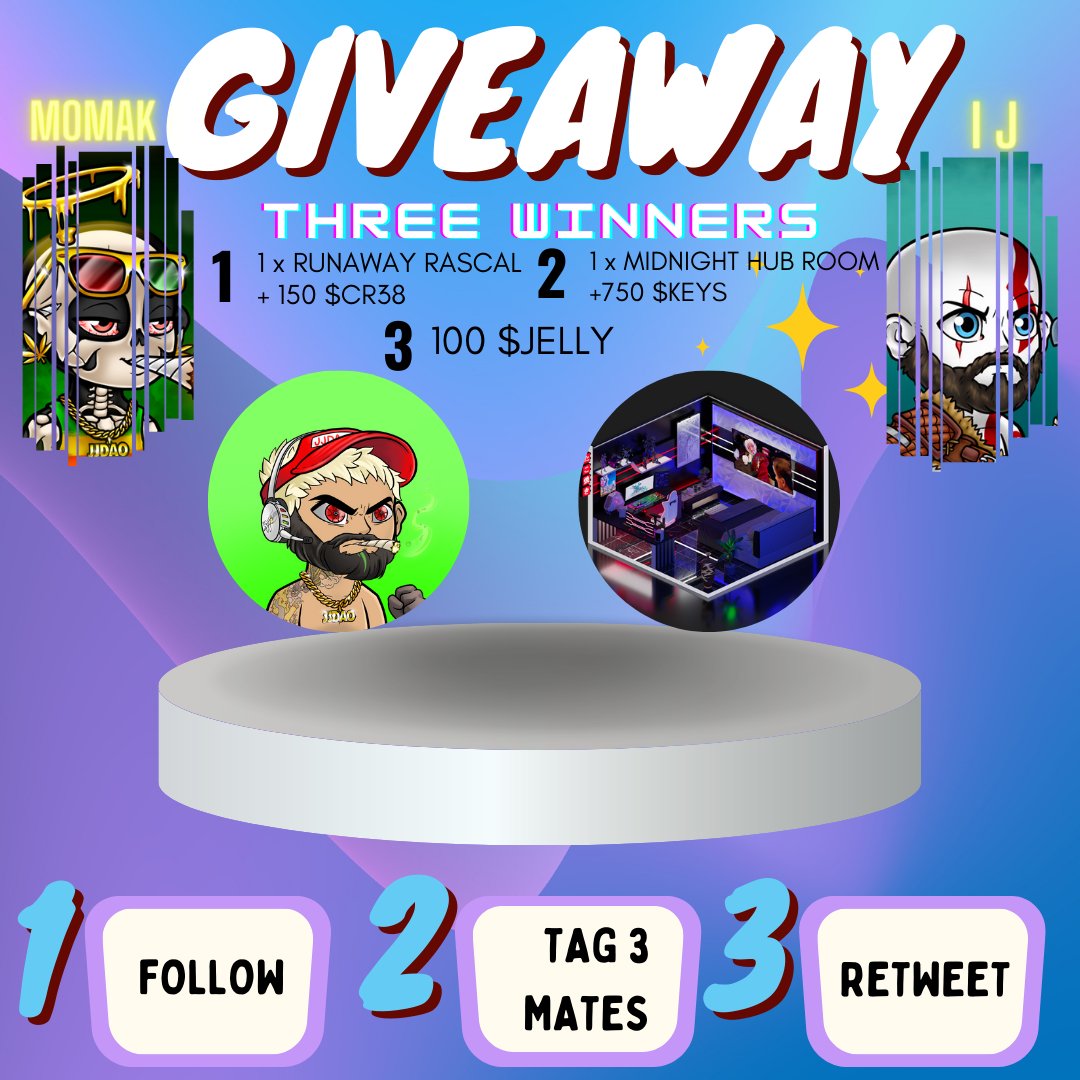 IJ40077's tweet photo. Giveaway time! 🥳   

2 lucky winners win a Runaway Rascal + $CR38 and a Midnight Hub ROOM + $Keys.  

1 more lucky winner will get 100 $Jelly

Retweet, tag 3 friends, and follow:

@IJ40077 
@themomak

Winner picked in 72 hours! https://t.co/4wHKnDv4hC