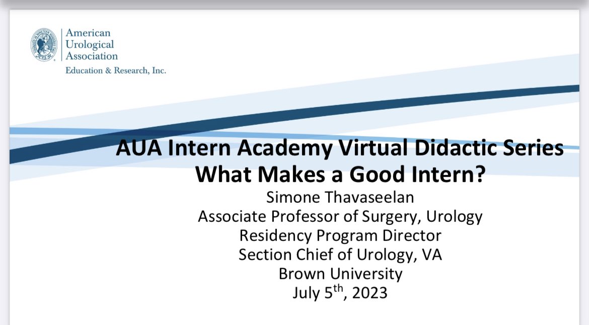 Looking forward to sharing 

▪️ Define goals of internship are and optimize working as part of a team acting as a consultant
▪️Describe challenges of internship &amp; methods to cope
▪️Identify what makes a good intern &amp; strategies to excel in clinic, OR and inpt mgmt 
<a href="/BrownUrology/">Brown Urology</a>