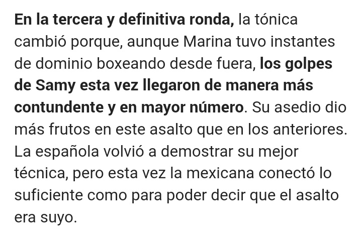 predictorRM's tweet photo. @_riverss_ Este es el análisis de cada ronda según Enrique Mellado (experto en boxeo) y redactor de MARCA (diario deportivo de los más importantes del mundo).

Cito: "la española hizo mucho más que su rival en los dos primeros asaltos". Marina gana round 1 y 2, Samy gana round 3. https://t.co/KG0TDbiH2B