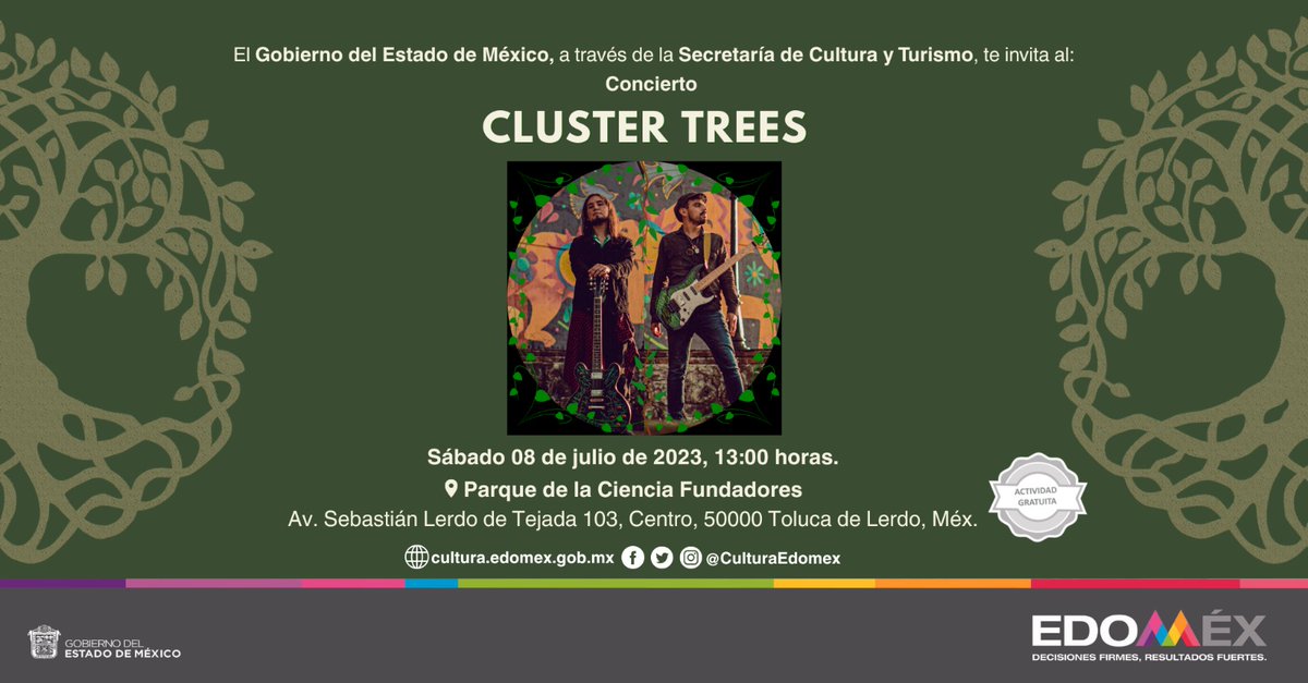 CulturaEdomex's tweet photo. Ven a disfrutar del concierto 🎤#ClusterTrees en el #ParqueDeLaCiencia #Fundadores, nos vemos este sábado 8 de julio a las 13:00 horas. 🎸
¡No faltes!
📍 https://t.co/AULeF38FLI https://t.co/wTOAaKbtFy