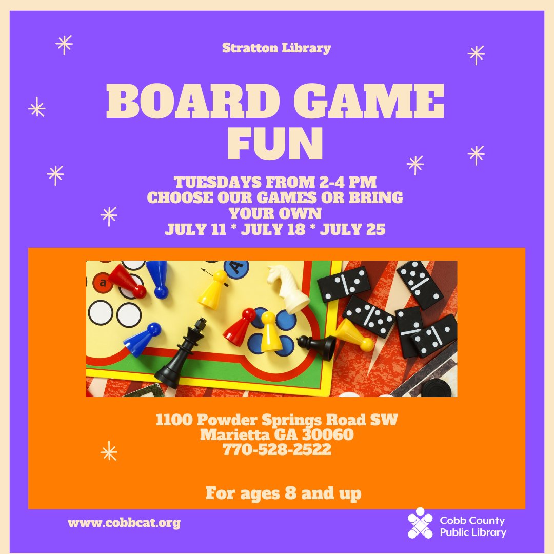 cobblibrary's tweet photo. Spend a screen-free afternoon playing board games at Stratton Library! Games will be on hand, but feel free to bring your own. Recommended for ages 8 and up.
.
#StrattonLibrary | Tuesdays, July 11, 18, 25 | ages 8+ https://t.co/0yw8BFLcY9