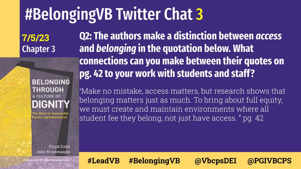 mhobson99's tweet image. Q2: Cobb &amp;amp; Krownapple distinguish between access and belonging. What connections can you make to this and your work? #BelongingVB #LeadVB 
@PGIVBCPS @VbcpsDEI