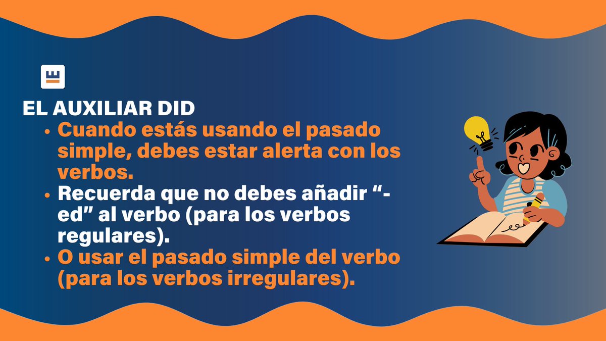 Insigniaedu's tweet photo. Aprende a utilizar correctamente el auxiliar DID 😎

Te dejamos este material para que lo guardes en tu teléfono 📲 o en tu mente 🧠

Y lo puedas utilizar cuando lo necesites 😊

#DoItForYou #LearnEnglish https://t.co/iaSn4A5zvc