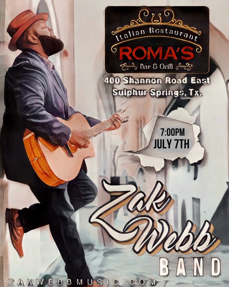 ZakWebbMusic's tweet photo. ⭐️ Friday! Get yourselves to Roma's Italian Bar &amp; Grill! Zak Webb Band is coming at ya! 
#livebandshow #sulphurspringstx #zakwebbmusic https://t.co/nrdeHloLHi