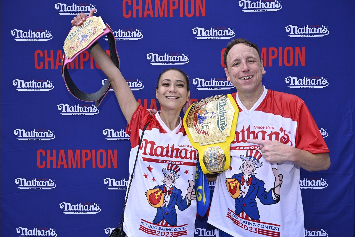 The @originalnathans champs, after notching their 9th and 16th victories. Congrats to @OMGitsMIKI and @joeyjaws.