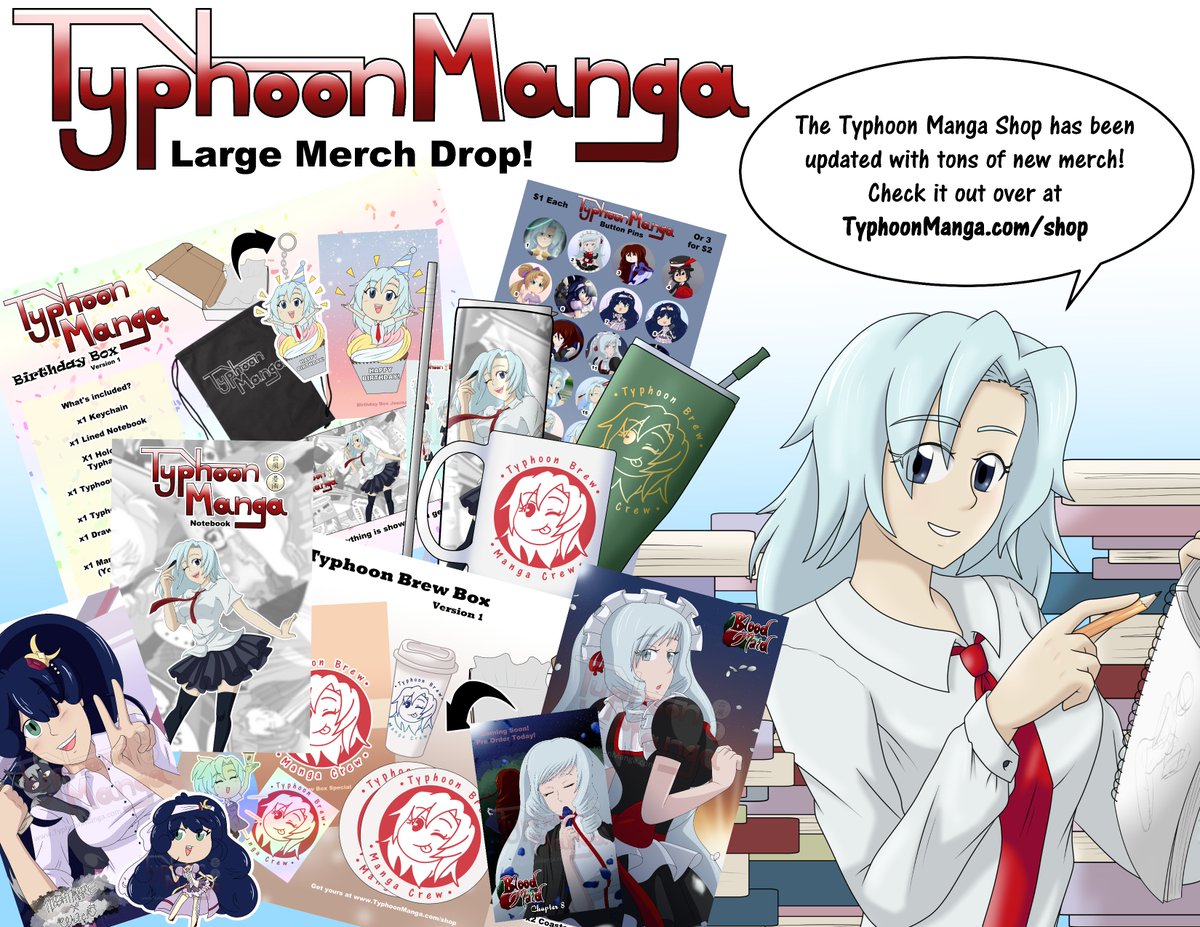 Merch Drop Alert! Check out my largest merch drop yet on the website~ Between new collectors boxes, tumbler cups, and more- there is something everyone can get~

TyphoonManga.com/shop

#merchdrop #merchalert #smallbusiness #smallbusinessmarketing #anime #manga #birthdaygiftidea