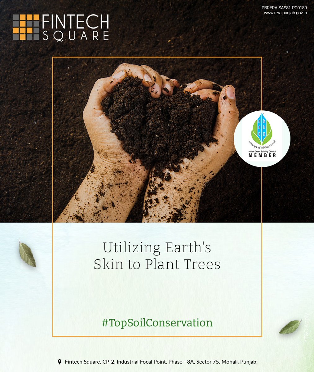 Fintech Square is working on preserving the planet's fertility and safeguarding topsoil through Top Soil Conservation.    

#FintechSquare #TopSoilConservation #ProtectingSoilHealth #SoilSustainability #Work #Celebrate #FoodCourt #StudioApartments #Tricity #Sector75 #Mohali