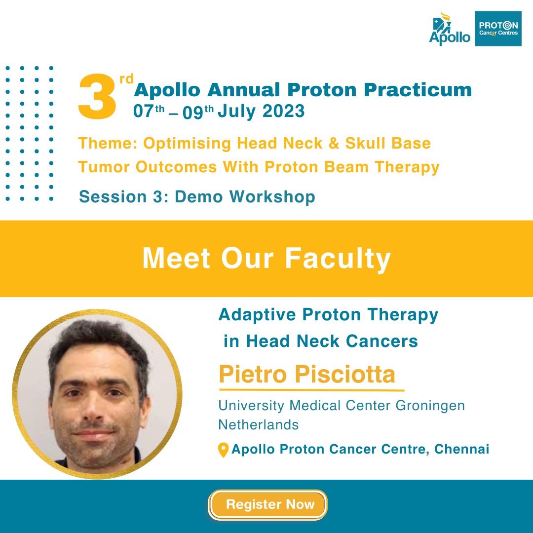 ApolloProton's tweet photo. Join Pietro Pisciotta at the 3rd Apollo Annual Proton Practicum as he discusses Adaptive Proton Therapy in Head Neck Cancers. Register here: https://t.co/liiuWel1x5
#WinningOverCancer #ProtonPracticum
@preethareddy28 @drashuabhishek @UdayKrishna_Dr
@DrSrinivas_C @NangiaSapna https://t.co/WdMpyZ0ufr