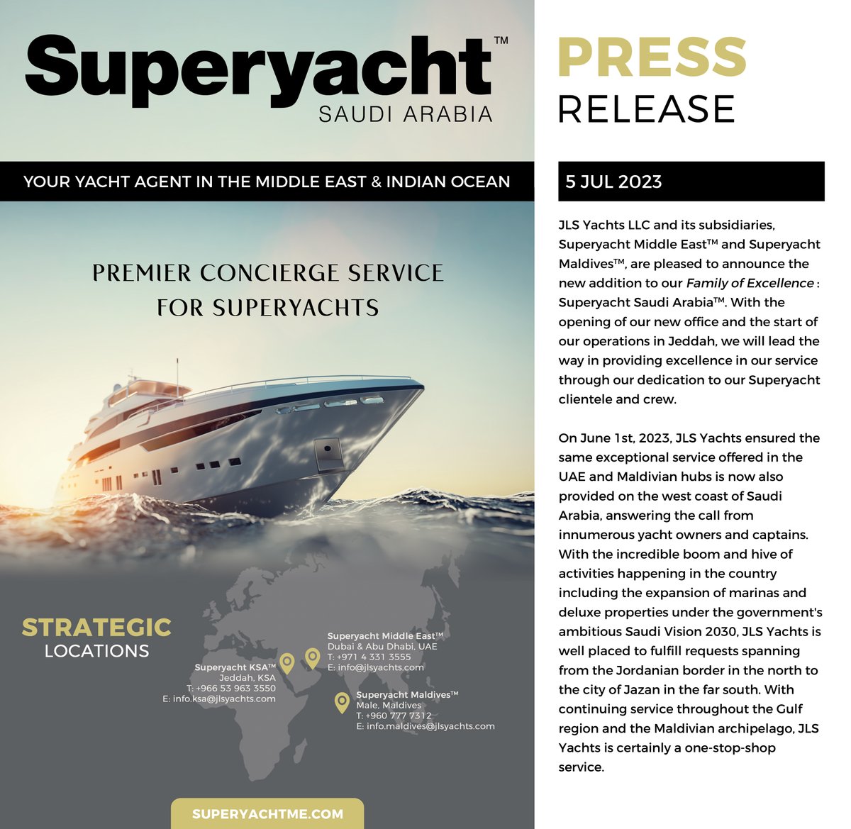 JLS Yachts New Office in Jeddah, KSA.

JLS YACHTS (KSA)
Jeddah, KSA
T +966 53 963 3550 / +966 53 963 3558
info.ksa@jlsyachts.com
jlsyachts.com

#SpreadTheWord
#MoreThanJustAnAgent #JLSYachts #YachtAgent #Superyacht #AYSS #CaptainsChoice #SuperyachtServiceGuide #yachts