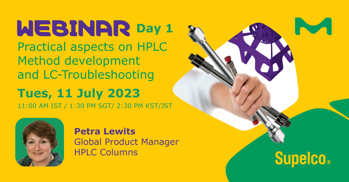 MerckIndia's tweet image. Join us for a two-day webinar featuring, Petra Lewis, Merck , to know more on selecting stationary and mobile phase, leveraging lab efficiency, and HPLC troubleshooting.
Register now 
ms.spr.ly/6011gap83
 #HPLCwebinar #HPLCmethoddevelopment #analyticalchemistry #MerckKGaA