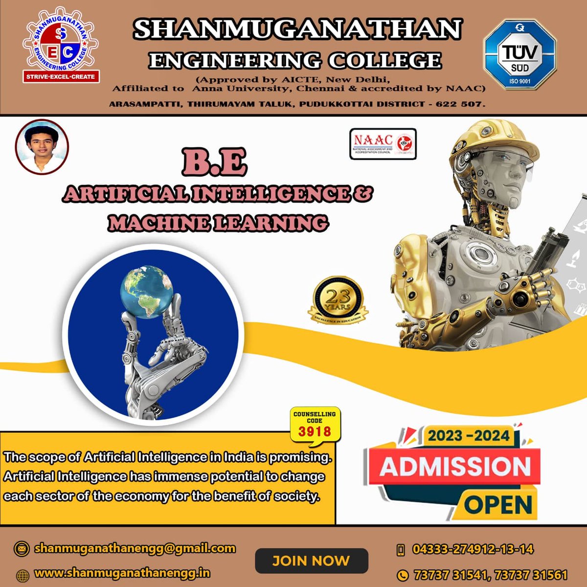 𝐀𝐃𝐌𝐈𝐒𝐒𝐈𝐎𝐍 𝐎𝐏𝐄𝐍 𝟐𝟎𝟐𝟑-𝟐𝟎𝟐𝟒
B.E (Artificial Intelligence and Machine Learning)

#AdmissionOpen #admissionopen2023_2024 #coursesoffered #AI #ML #artificialintelligence #machinelearning #bestengineeringcollege #SEC #Pudukottai  #AIandML #admissionsopen2023