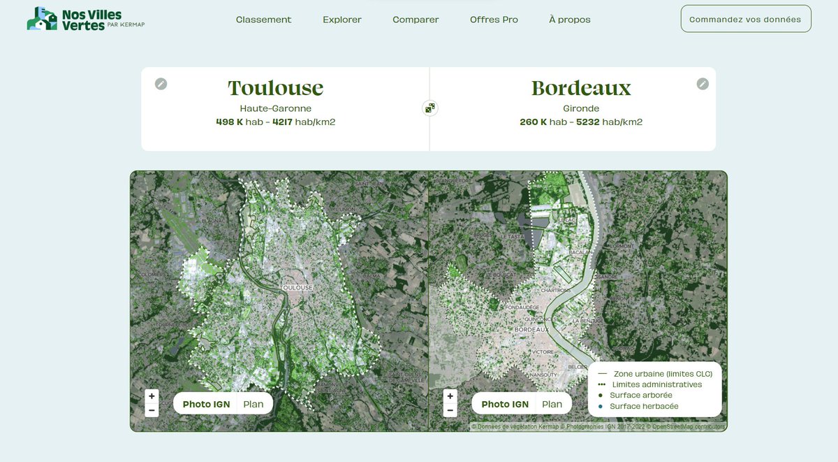 🔎 Qu'y a-t-il sur nosvillesvertes.fr ? Retrouvez pour chaque commune : 🗺️ carte de végétation 🌱 couverture arborée et herbacée 🌳 surface de canopée par habitant 🌍potentiel de stockage #carbone 🏙️étalement urbain Mais aussi des classements, et des matches 👇