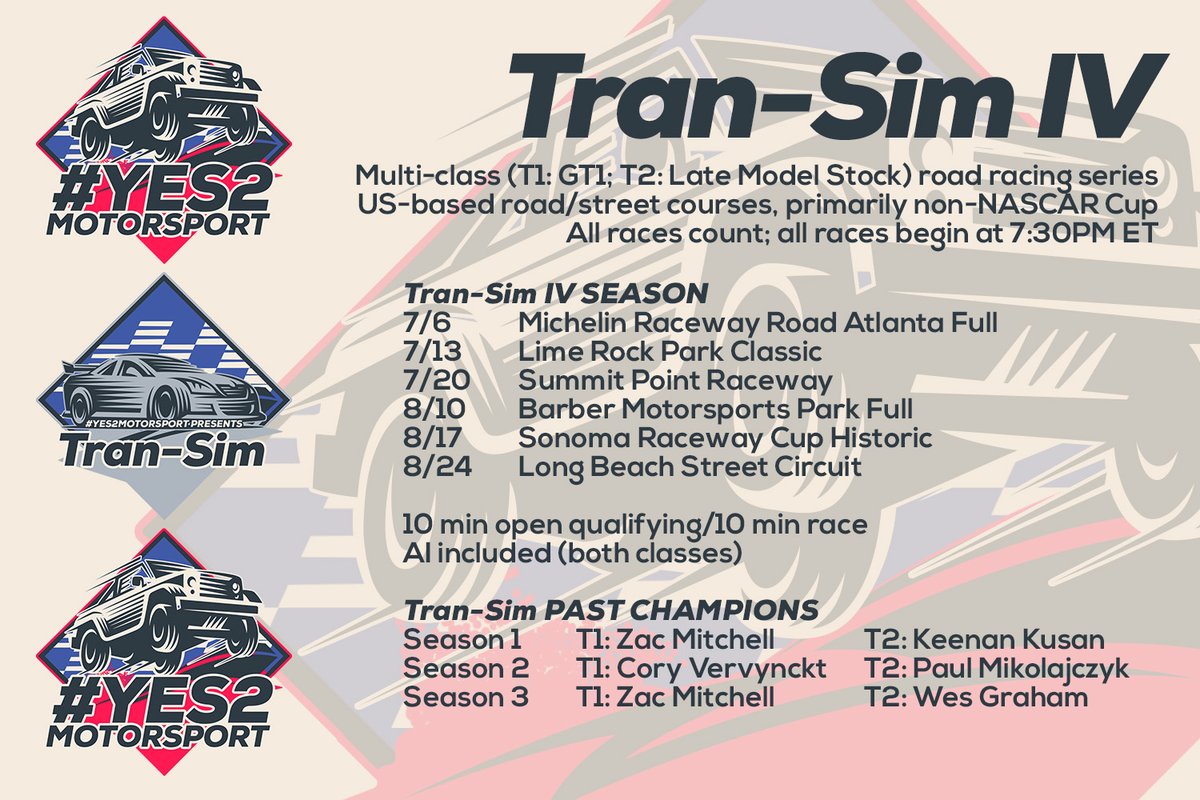 yes2motorsport's tweet photo. Officially announcing the return of #TranSim as part of tonight's show. Switching up T2 to the Late Model Stock to join the GT1s in T1. Can you join @MidnightDevilZ @Aeroteq @CVervynckt @PaulMczyk @WesTheMess88 as a Tran-Sim champion? https://t.co/HByKjrkBMJ