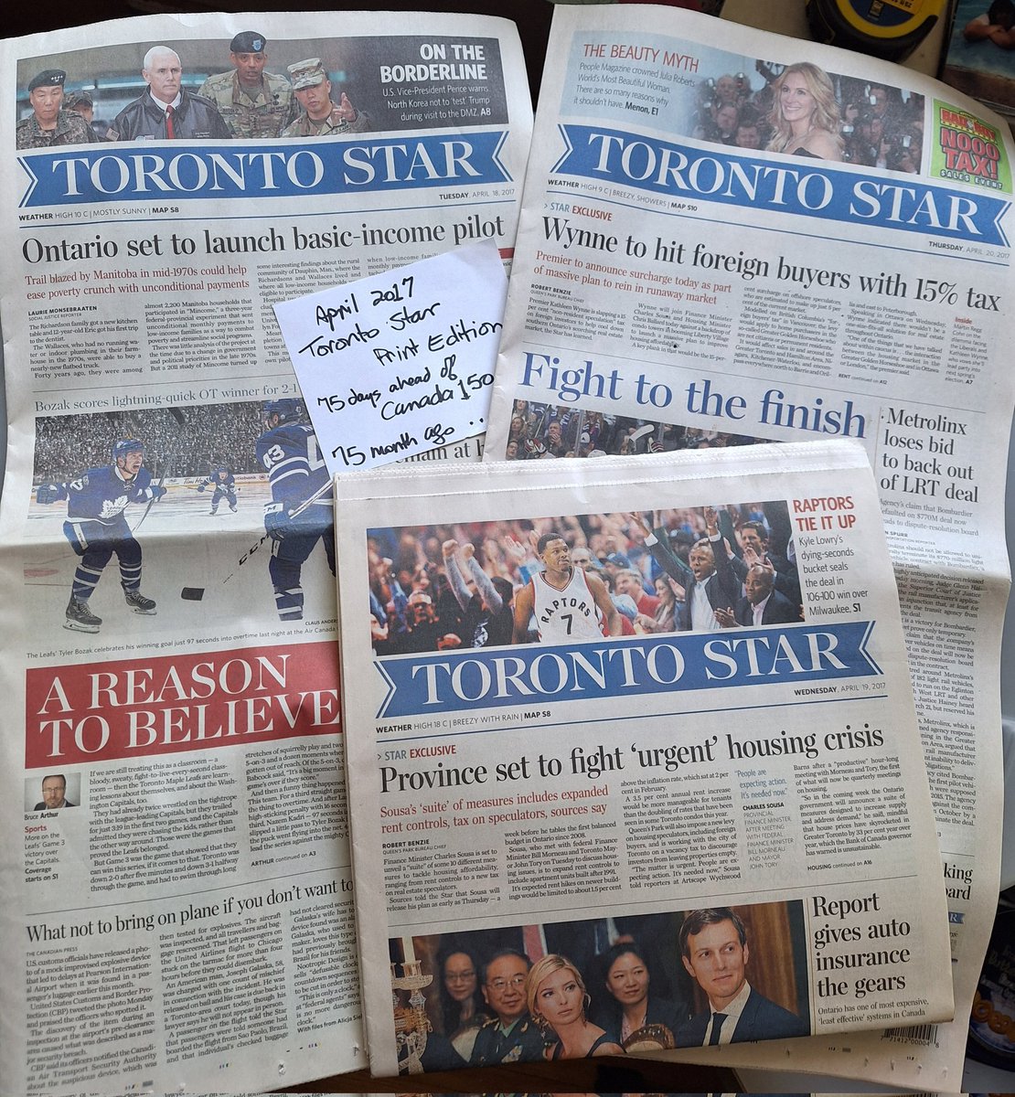 Permanent links, NOT Meta nor Google: A dashboard from my April 2017 robust #canmedia print edition #newspapers. 

75 months ago, and 75 days ahead of #Canada150... I was so hopeful for #hockey, #housing and calls for #SCR #fairness of #transit and #autoinsurance czars. #cdnpoli