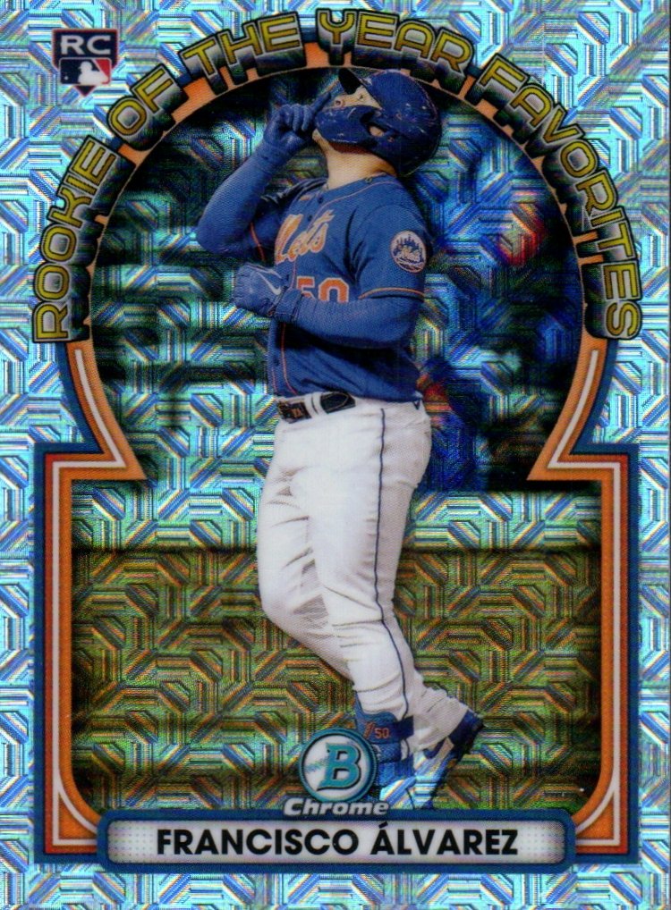 2080cards's tweet photo. @MLBPipeline @Mets 2023 Bowman - Rookie of the Year Favorites - Mega Box Mojo Refractor ROYF-2 Francisco #Álvarez - New York #Mets #bowman2023 #firstowner https://t.co/1bdr3jhalg