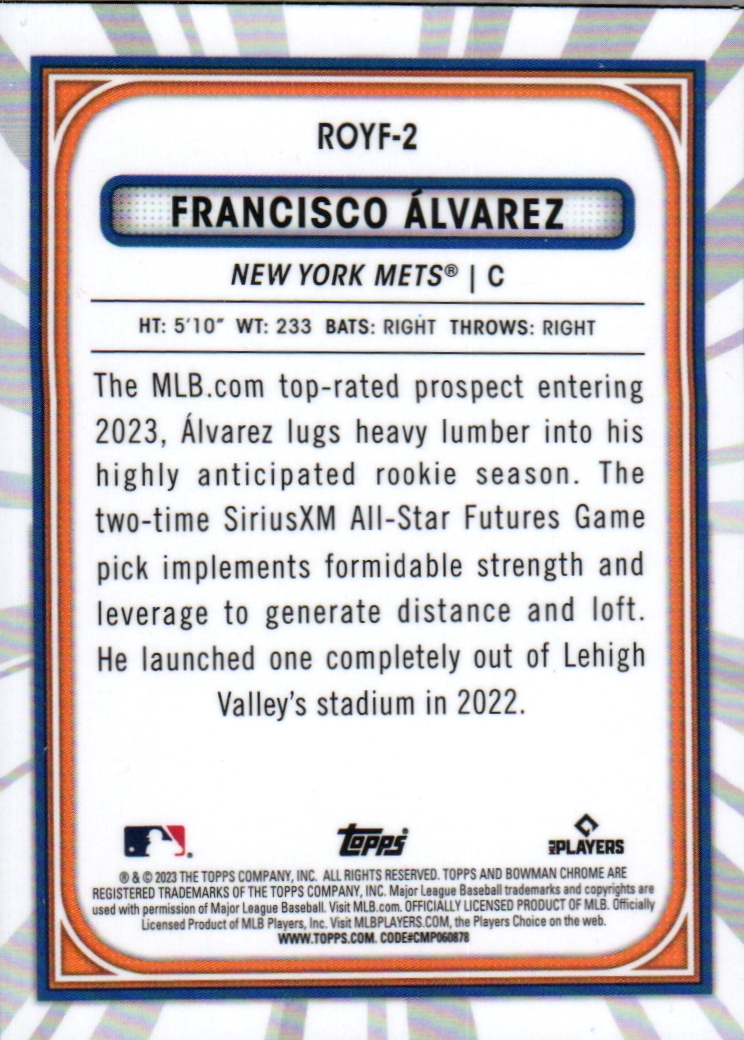2080cards's tweet photo. @MLBPipeline @Mets 2023 Bowman - Rookie of the Year Favorites - Mega Box Mojo Refractor ROYF-2 Francisco #Álvarez - New York #Mets #bowman2023 #firstowner https://t.co/1bdr3jhalg