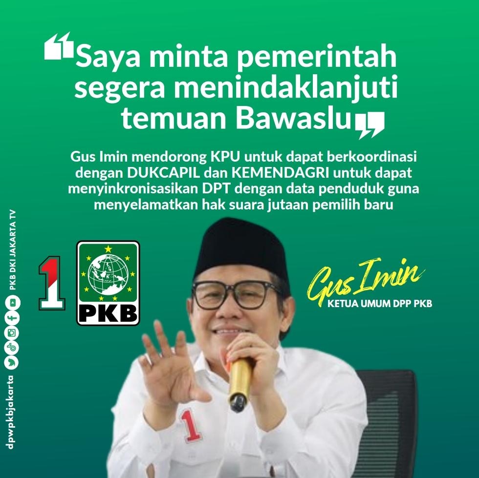 DPW PKB DKI JAKARTA (@dpwpkbjakarta) on Twitter photo Semakin banyak partisipasi masyarakat, tentu saja semakin bagus kualitas pemilu kita. Ini artinya demokrasi tegak lurus dan berjalan sesuai cita-cita reformasi.
Pemilu harus menjamin betul hak pilih kaum muda kita
<a href="/DPP_PKB/">DPP PKB</a> <a href="/cakimiNOW/">A Muhaimin Iskandar</a> <a href="/hasbipkb/">Hasbiallah Ilyas</a>
#GusImim #1PKB #Babahasbi Semakin banyak partisipasi masyarakat, tentu saja semakin bagus kualitas pemilu kita. Ini artinya demokrasi tegak lurus dan berjalan sesuai cita-cita reformasi.
Pemilu harus menjamin betul hak pilih kaum muda kita
<a href="/DPP_PKB/">DPP PKB</a> <a href="/cakimiNOW/">A Muhaimin Iskandar</a> <a href="/hasbipkb/">Hasbiallah Ilyas</a>
#GusImim #1PKB #Babahasbi