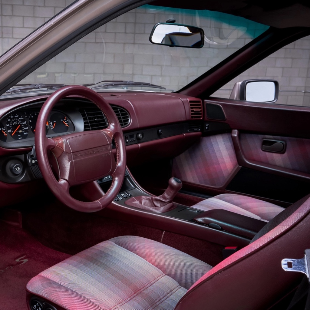 Bringatrailer's tweet photo. This 1988 Porsche 944 Turbo S coupe is finished in Silver Rose Metallic over patterned Burgundy cloth upholstery. Powered by a turbocharged 2.5-liter inline-four paired with a five-speed manual transaxle, showing 89k miles. It’s listed now on BaT: https://t.co/BIHZ134Uw0 https://t.co/Yud3ASHlRQ