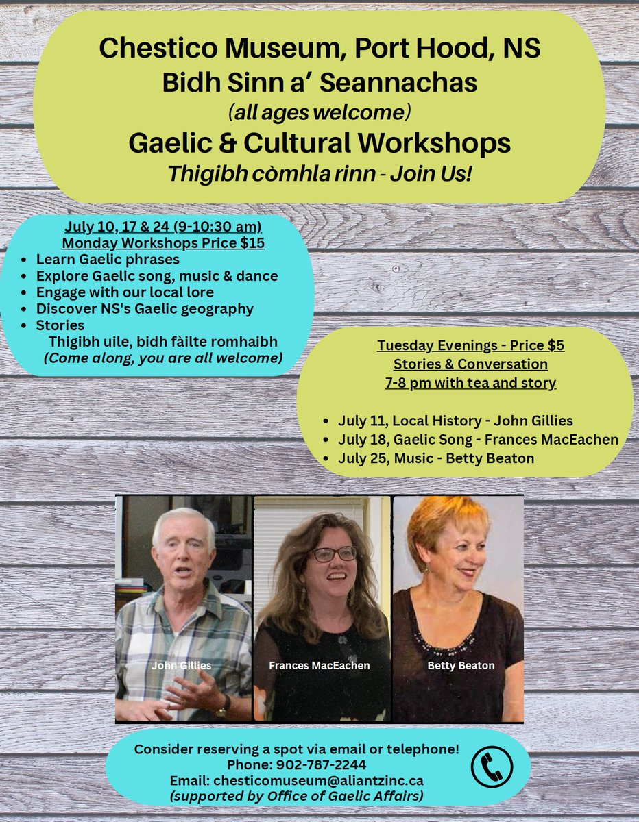 chesticomuseum's tweet photo. Join us at the Chestico Museum for Bidh Sinn a’ Seannachas – Gaelic &amp; Cultural Workshops (all ages welcome). Monday workshops cost $15 and are July 10, 17 &amp; 24 from 9:00 until 10:30 AM. Tuesday evenings the cost is $5 for stories, conversation and tea. #PortHood #Gaelic https://t.co/nAJU8B5eZL