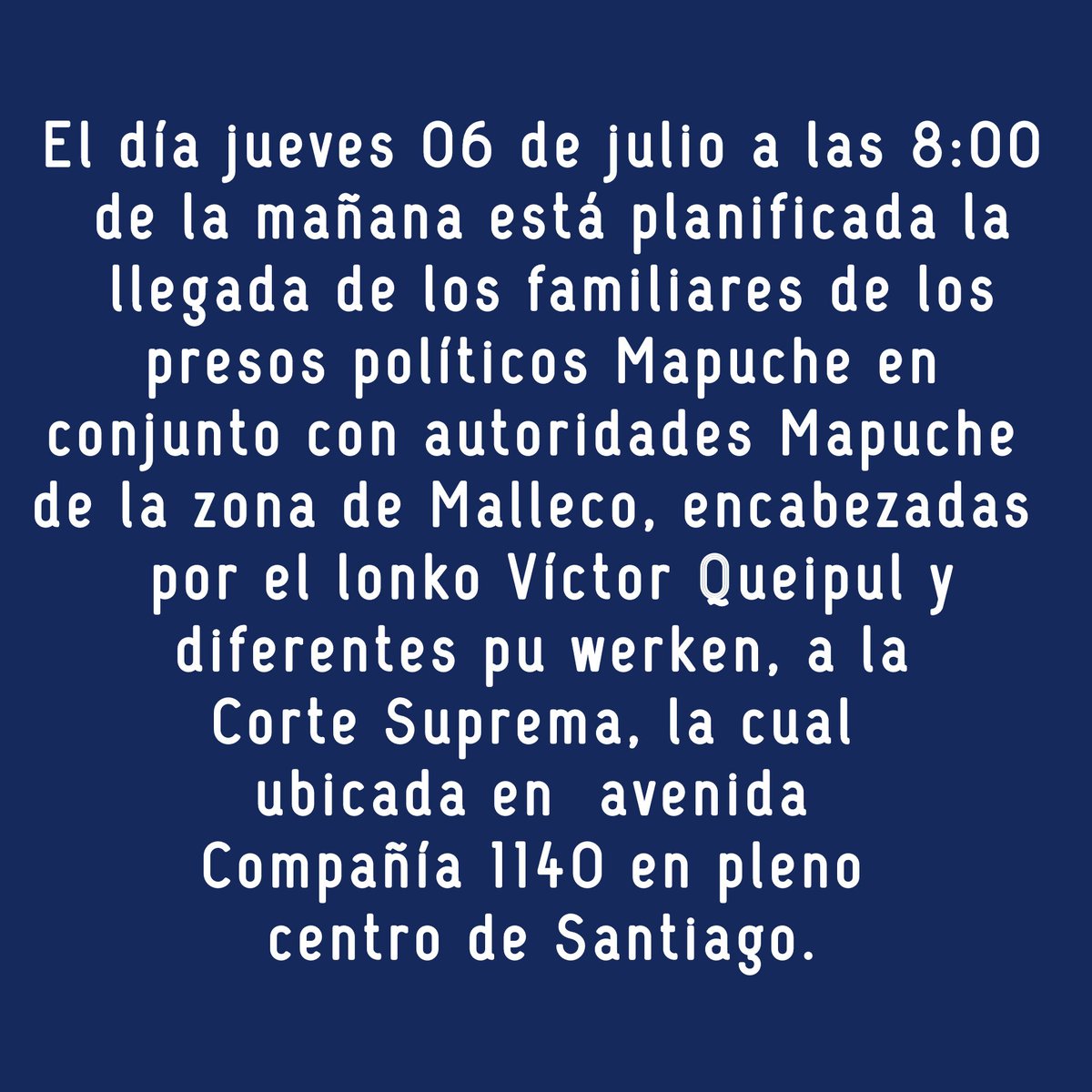 Murosyresisten's tweet photo. 🔴Difundimos
AVISO IMPORTANTE: SANTIAGO WARRIA.
NO A LA POLITICA DE DISPERSIÓN DE LOS PRISIONEROS POLITÍCOS MAPUCHE.
MAÑANA A LAS 8:00 AM EN LA CORTE SUPREMA.
Desde @ppm.angol
#walllmapu #Santiago https://t.co/G8i9ncScD2