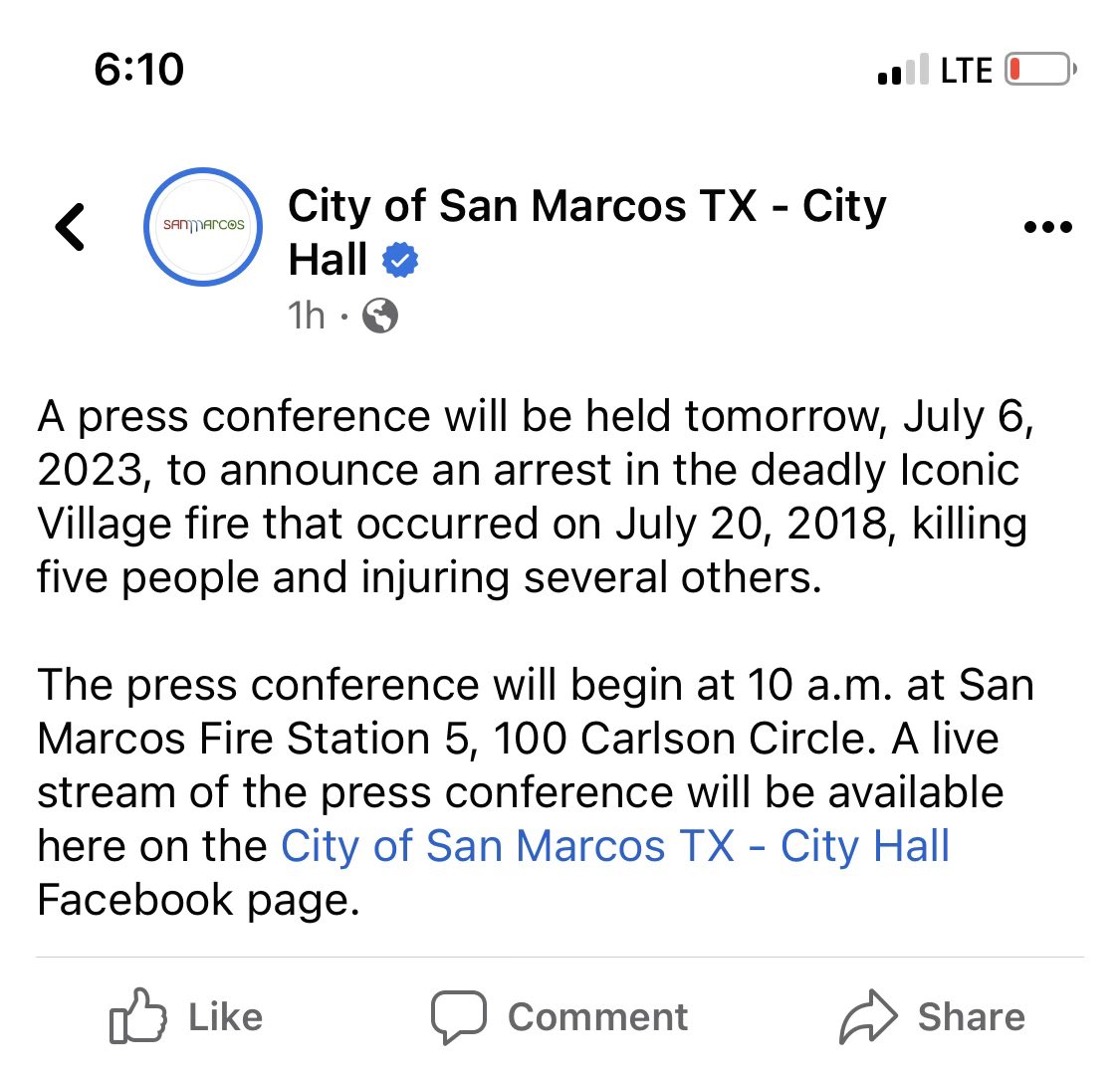 New from City of San Marcos:

An arrest has been made in the deadly Iconic Village Fire that happened on July 20, 2018.

Five people were killed, several others were injured. 

Press conference happening tomorrow at 10 a.m.