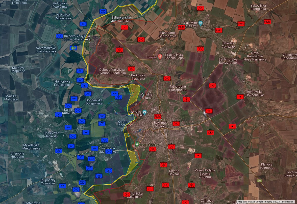 UAControlMap's tweet photo. Daily #Ukraine #2post for 05/07/23

Highlights: Ukrainian advances marked near Bakhmut, Robotyne &amp; Krasnohorivka. Nothing at Pryyutne despite rumours

Russian forces assault Novoselivske, Luhansk

Ammo dump in Donetsk caused huge fireball last night.

Map: https://t.co/1W0Odk1EDU https://t.co/RVPXkiFUwG