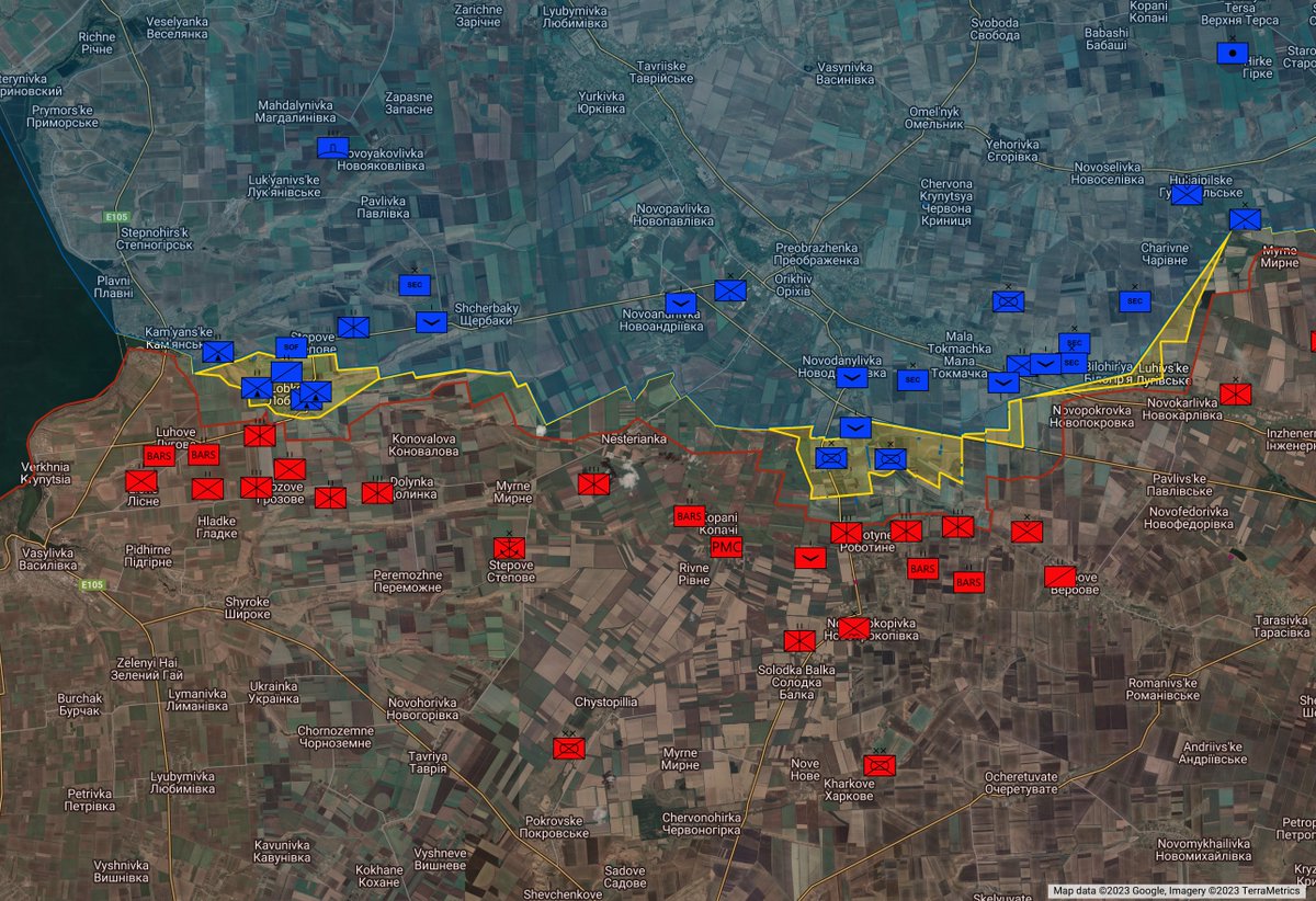 UAControlMap's tweet photo. Daily #Ukraine #2post for 05/07/23

Highlights: Ukrainian advances marked near Bakhmut, Robotyne &amp; Krasnohorivka. Nothing at Pryyutne despite rumours

Russian forces assault Novoselivske, Luhansk

Ammo dump in Donetsk caused huge fireball last night.

Map: https://t.co/1W0Odk1EDU https://t.co/RVPXkiFUwG