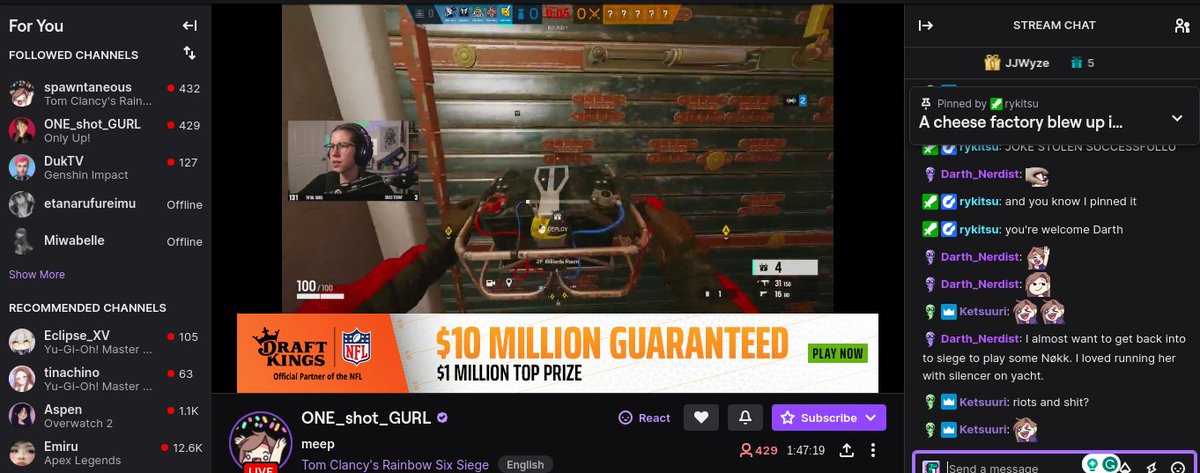 le_meadows's tweet photo. @spawntaneouss sick stream ONE_shot_GURL  don't know how you're playing only up and rainbow 6 but you're killing it 😂 https://t.co/FydZ520lXP