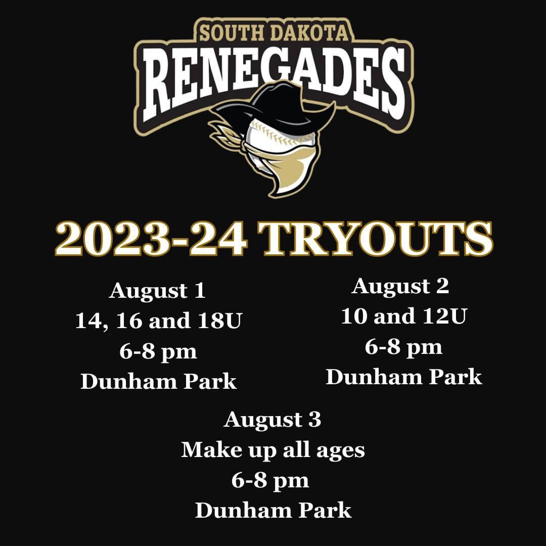2023-24 Tryouts
South Dakota Renegades:

Questions: 
Coaches@southdakotarenegades.com

Board@southdakotarenegades.com

Please pre-register:
forms.gle/RdgdKdoN2xSNWP…