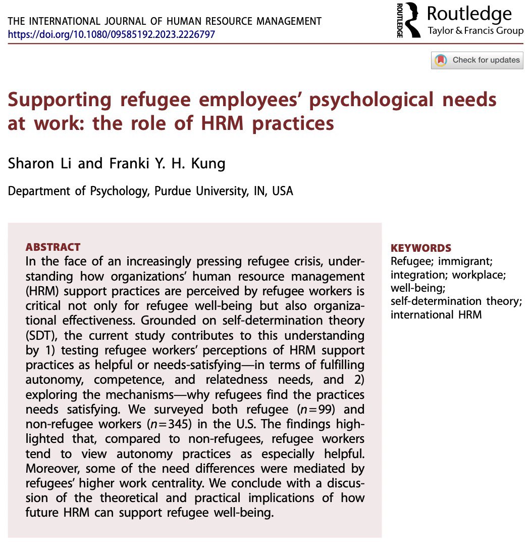 ConflictCollab's tweet photo. In @sharonli__ and @FrankiKung's new paper "Supporting refugee employees' psychological needs at work: the role of HRM practices," they tested #refugee #workers' perceptions of #HRM support practices as needs-satisfying and explored the mechanisms (e.g., work centrality). https://t.co/040bWypyPb