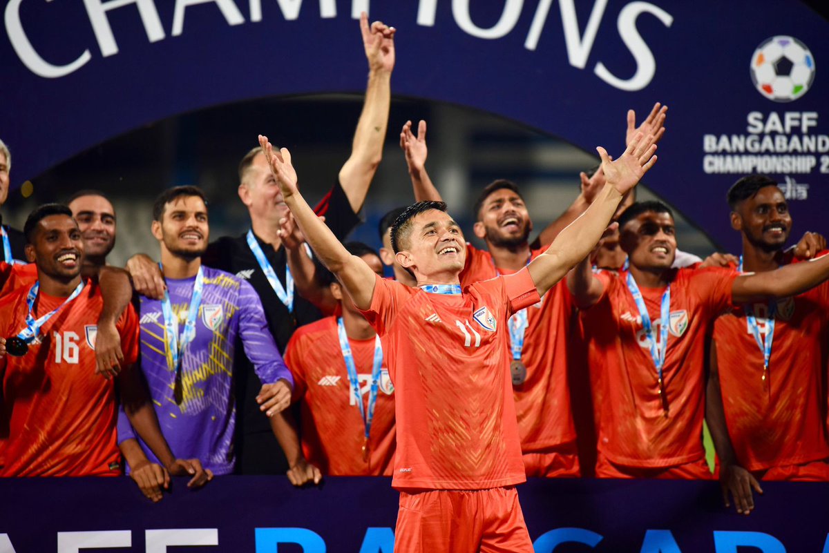 Congratulations to Indian Football Team⚽️
India defeated Kuwait in the final of SAFF Championship 2023 to win the trophy 🏆 

#SAFFChampionship2023 #IndianFootball #BlueTigers