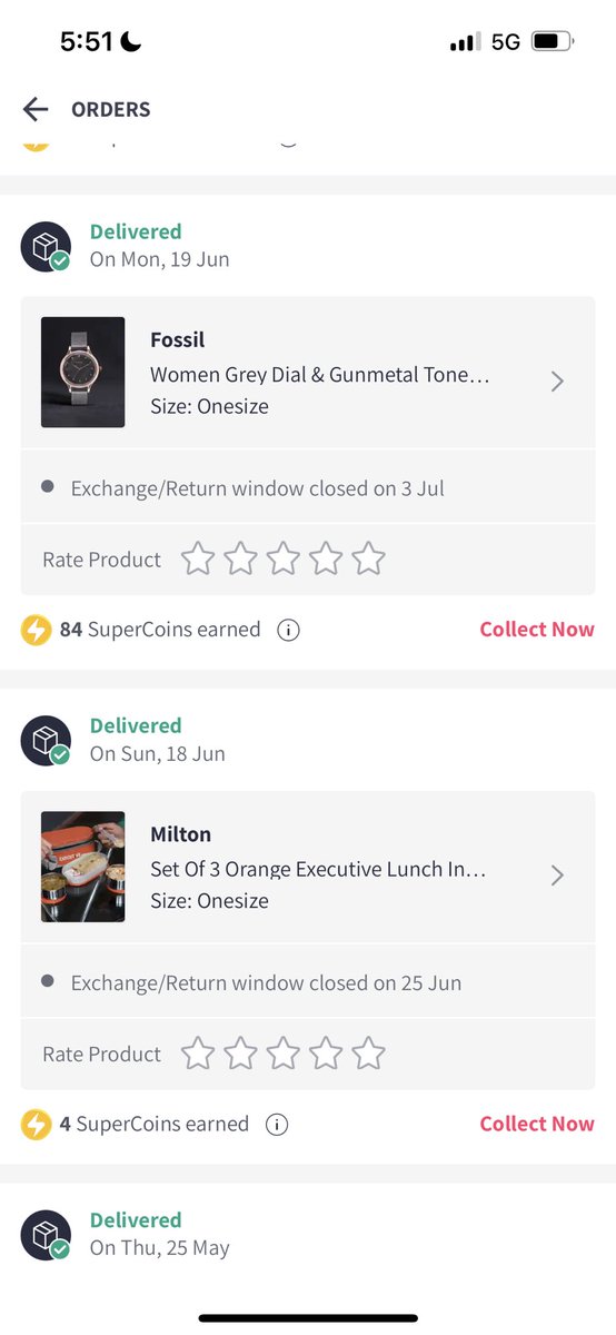 suruchi_sah's tweet photo. @MyntraSupport @myntra @Fossil @nch1915 order contained a Milton lunch box and two fossil watches. Second consisted of a sunscreen. The lunch box was delivered separately, and I received out for delivery message for all remaining three products under same tracking id. https://t.co/2UTjobiU3w
