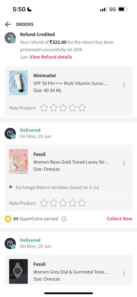 suruchi_sah's tweet photo. @MyntraSupport @myntra @Fossil @nch1915 order contained a Milton lunch box and two fossil watches. Second consisted of a sunscreen. The lunch box was delivered separately, and I received out for delivery message for all remaining three products under same tracking id. https://t.co/2UTjobiU3w