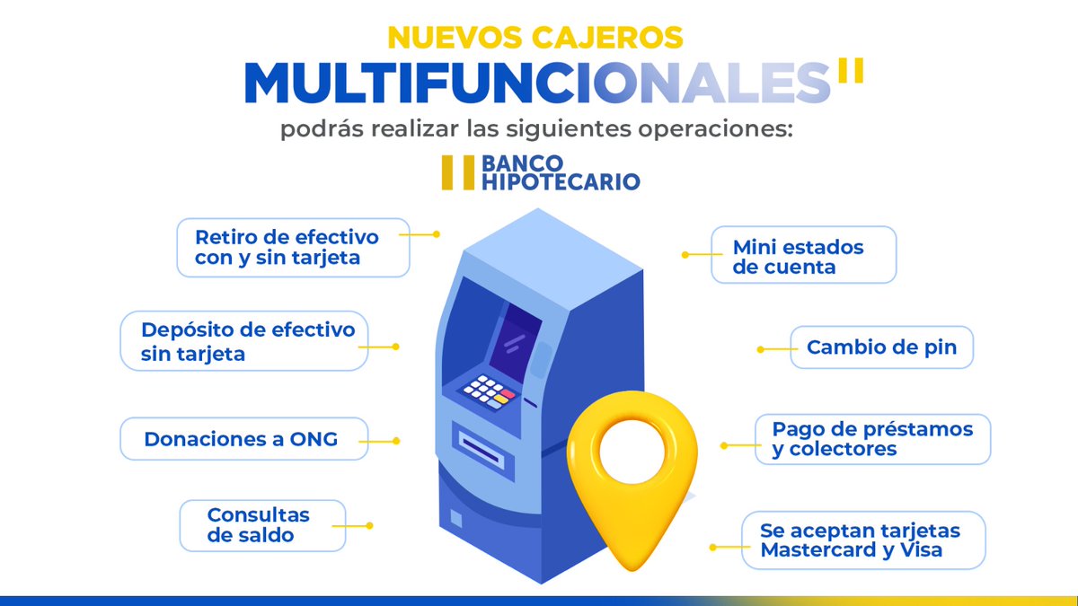 BHElSalvador's tweet photo. Con nuestros cajeros multifuncionales, podrás realizar diversas operaciones. 

➡️ Recuerda que con Banco Hipotecario también puedes hacer retiros de efectivo con y sin tarjeta. 

¡BH innovando para ti! 🏦🌐 https://t.co/kYkFvKEQbv